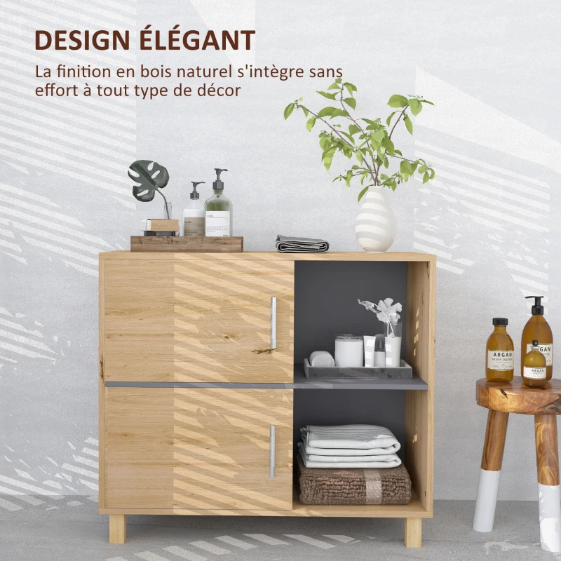 HOMCOM Meuble de salle de bain, meuble de rangement avec compartiments ouverts et placard, dim. 80 x 35 x 70 cm, bois naturel