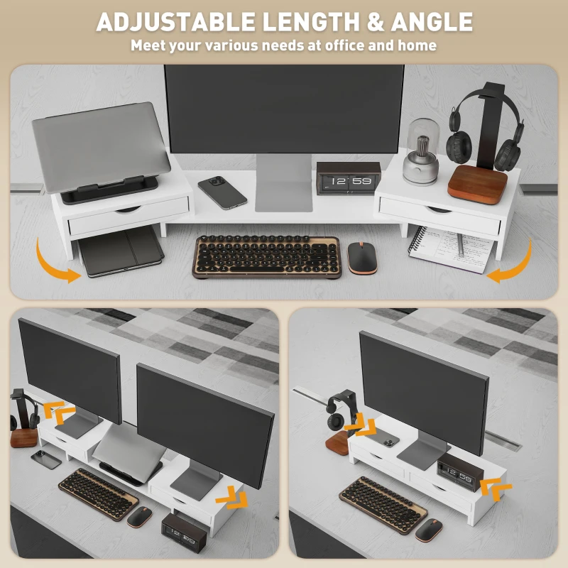 HOMCOM Dual Monitor Stand Riser with 2 Drawers, Adjustable Length and Angle, 116cm Monitor Riser for Laptop, Computer, PC, Small Printer, White