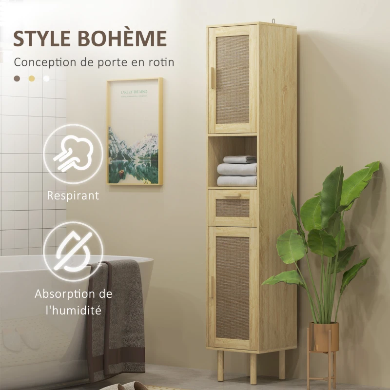 HOMCOM Meuble salle de bain colonne rangement salle de bain avec portes en rotin tiroir 2 placards 32 x 30 x 170 cm chêne