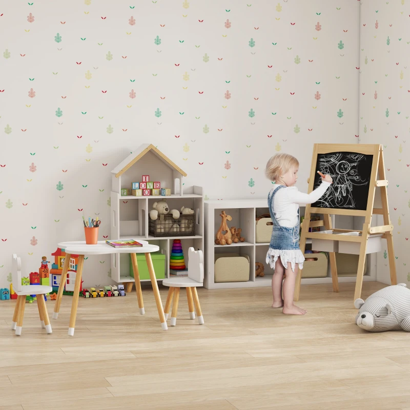 HOMCOM Ensemble table et chaises enfant design scandinave motif ourson bois pin MDF blanc