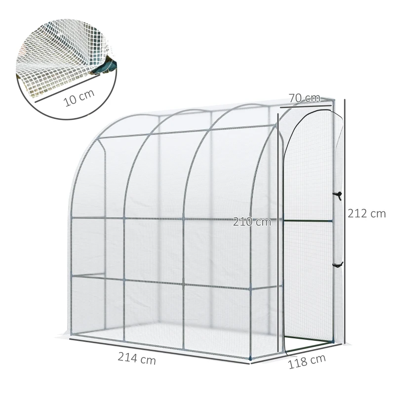 Outsunny Outdoor Walk-In Lean to Wall Greenhouse with Zippered Roll Up Door and PE Cover, 214L x 118W x 212Hcm, White