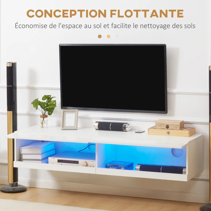 HOMCOM Meuble TV banc TV mural suspendu LED style contemporain - placards avec 2 portes battantes et 2 passe-câbles en bois