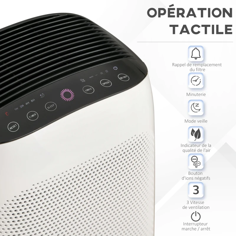 HOMCOM Purificateur d'air HEPA H11, Ioniseur, CADR 210m³/h mode veille silencieux minuterie 3 vitesses 42W - blanc