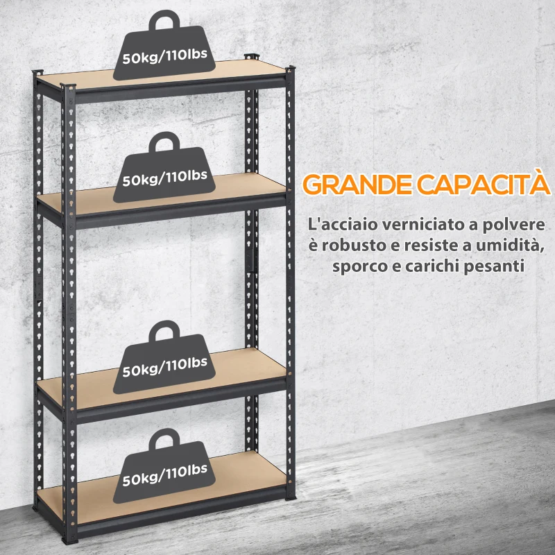 HOMCOM Scaffalatura Industriale a 4 Livelli in MDF e Acciaio con Ripiani Aperti e Regolabili, 81.3x30x152.4 cm