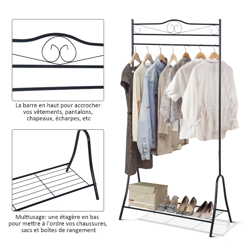 HOMCOM Portant penderie à vêtements sur pied style néo-rétro fer forgé étagère chaussures intégrée noir