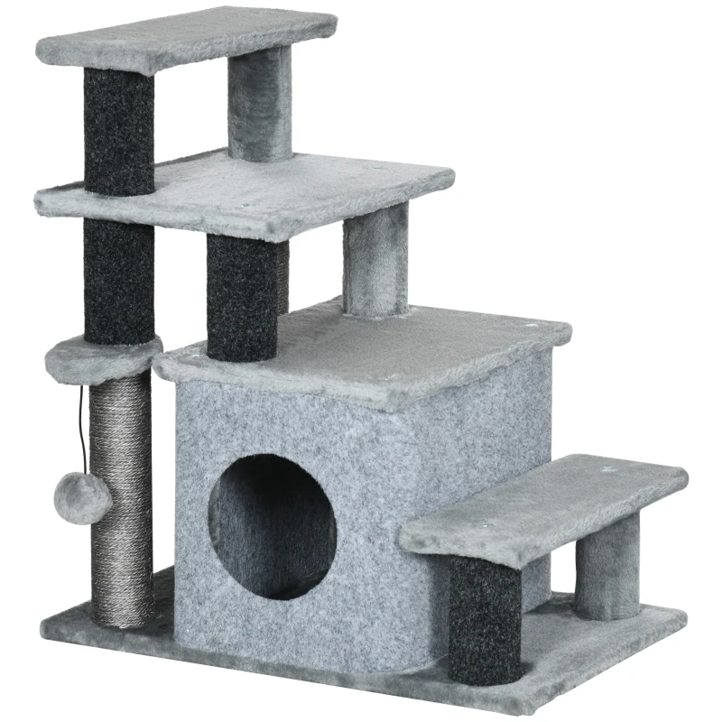 PawHut Escalier pour chat arbre à chat hauteur ajustable 3 ou 4 marches avec niche balle suspendue - 60 x 40 x 66 cm - gris