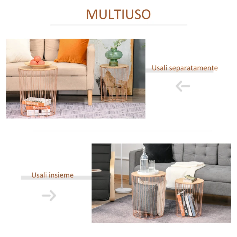 HOMCOM Set 2 Tavolini Contenitori per Salotto, Tavolini Moderni con Piano Rimovibile, in Legno e Metallo - Oro Rosa