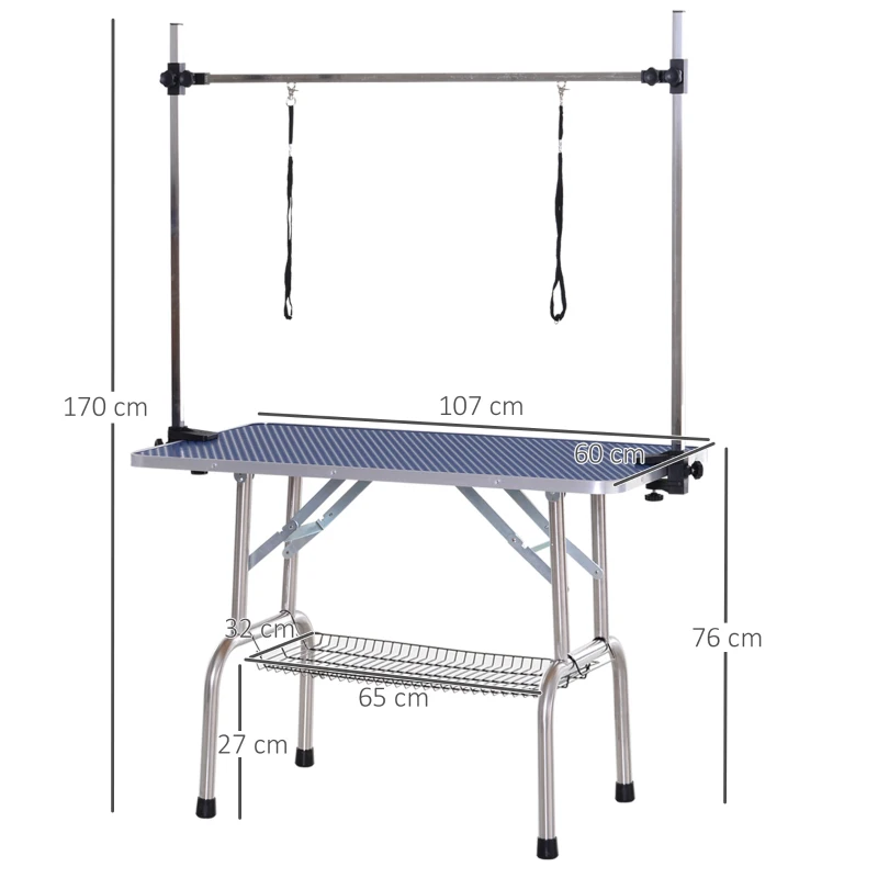PawHut Mesa de Peluquería para Mascotas Mesa de Aseo Plegable con Estante de Almacenamiento Estructura Acero Altura Ajustable 107x60x170 cm
