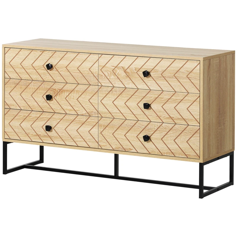 HOMCOM Commode 6 tiroirs meubles de rangement motifs chevrons - métal noir panneaux particules MDF aspect bois clair - dim. 120L x 39,5l x 71H cm