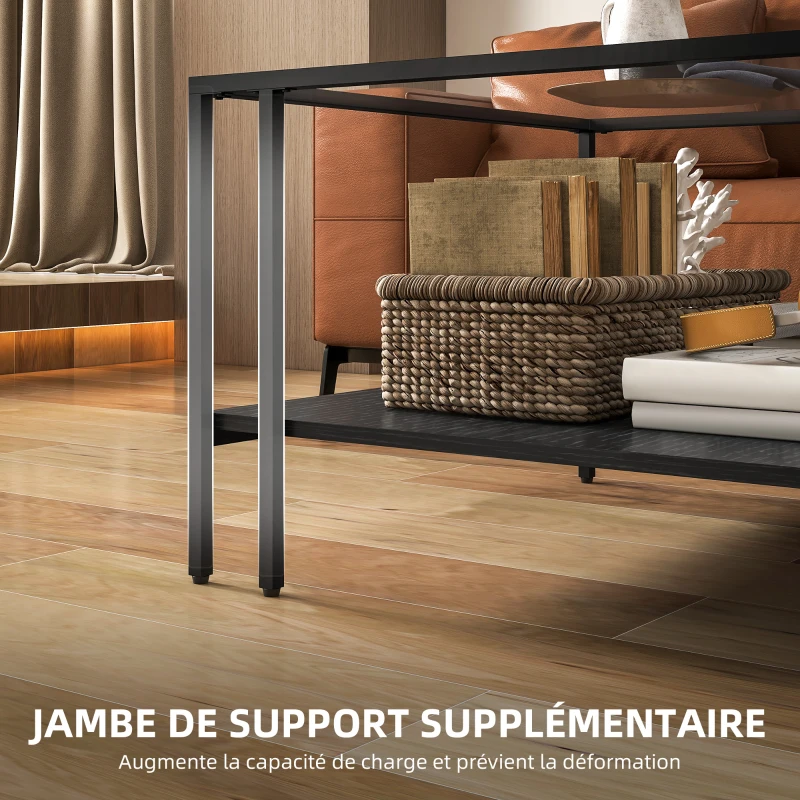 HOMCOM Table basse carrée 2 niveaux avec plateau en verre trempé, 1 étagère, design minimaliste, 73l x 73P x 46,5H cm, noir