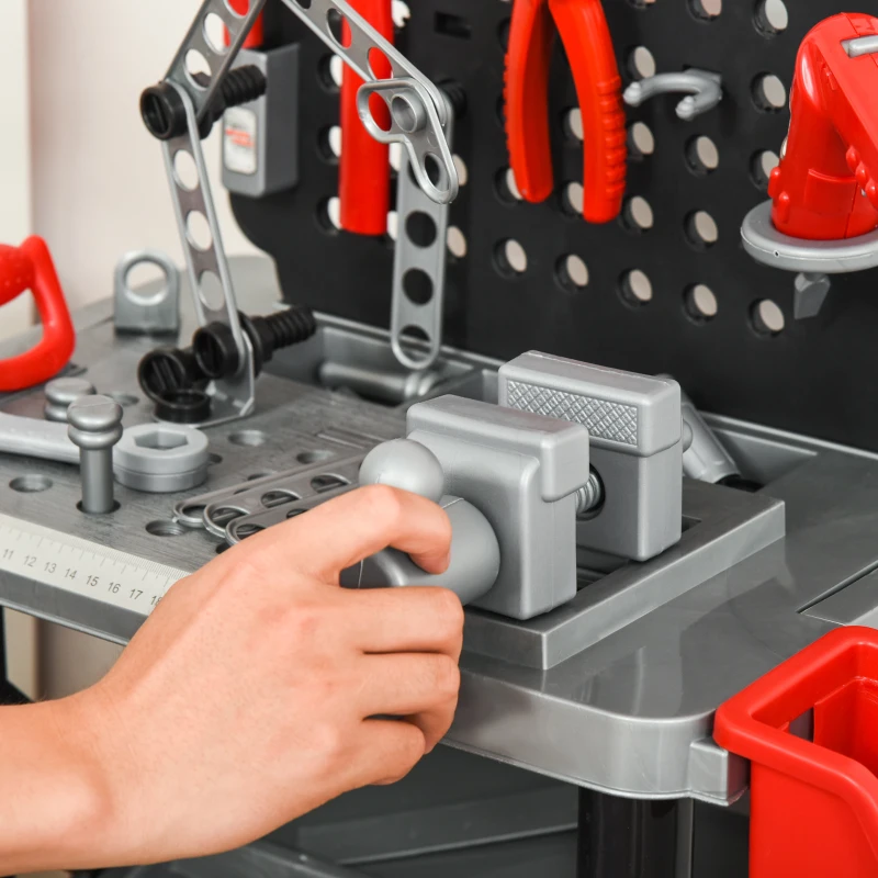 HOMCOM Etabli et Outils pour Enfant - Jeu d'imitation Bricolage - Nombreux Accessoires Plus de 50 pièces & Outils variés - PP Noir Gris Rouge
