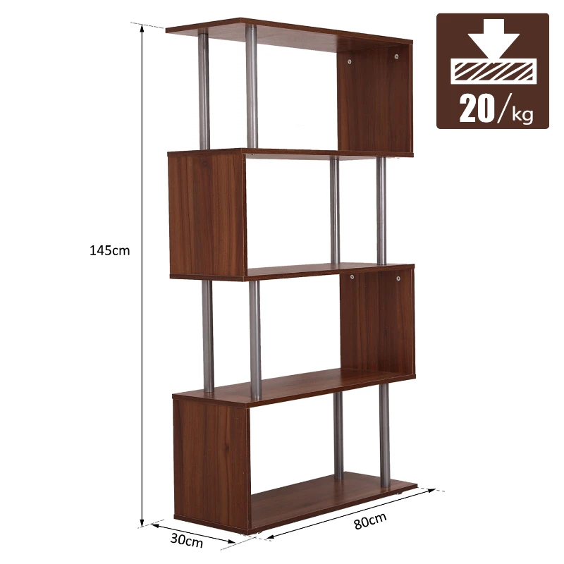 HOMCOM Bibliothèque étagère Design Contemporain en S 4 Niveaux 80L x 30l x 145H cm Coloris Noyer