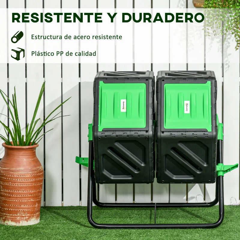 Outsunny Compostador Giratorio 130L Contenedor Compostaje Doble Cámara Aberturas de Ventilación Patas de Acero 67x60x77 cm Negro