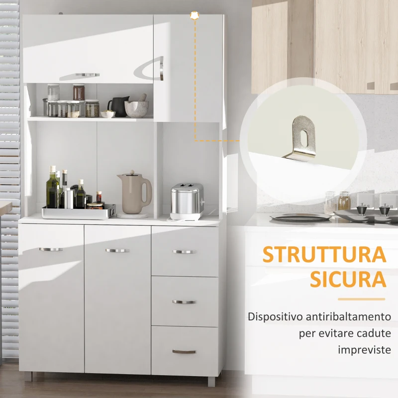 HOMCOM Credenza da Cucina Moderna con Cassetti, Armadietti e Ripiani Aperti, 100x39.5x183.5cm, Bianco