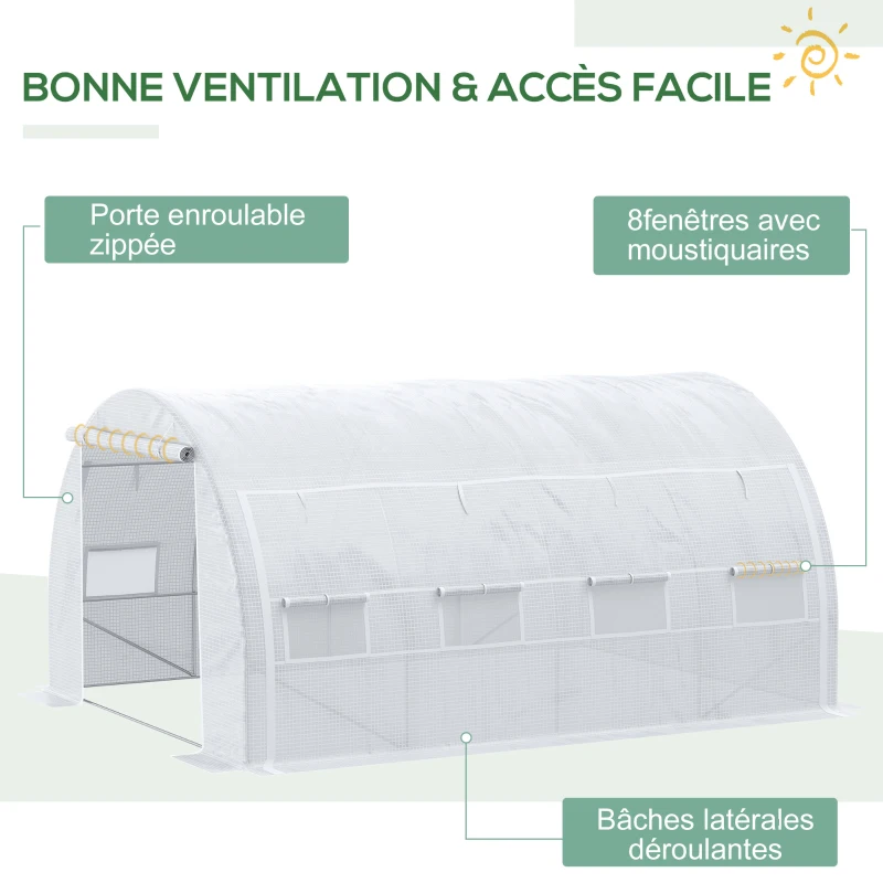 Outsunny Serre de jardin serre tunnel 12 m² avec porte, parois latérales enroulables 8 fenêtres acier PE  4 x 3 x 2 m blanc