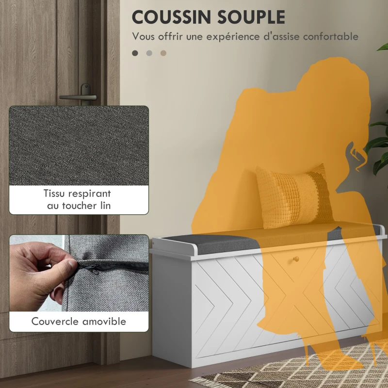 HOMCOM Banc à chaussures avec tiroir rabattable, coussin d'assise et étagère réglable, 100 x 26 x 48 cm, blanc