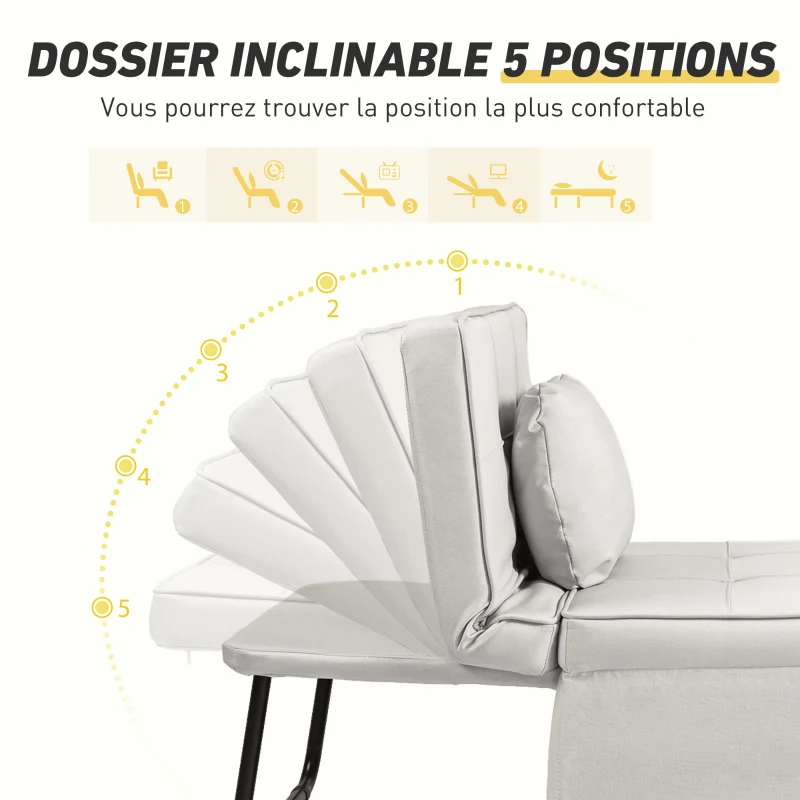 HOMCOM Fauteuil chauffeuse Pouf 3 en 1 Dossier inclinable 5 Niveaux Repose-Pied Rabattable