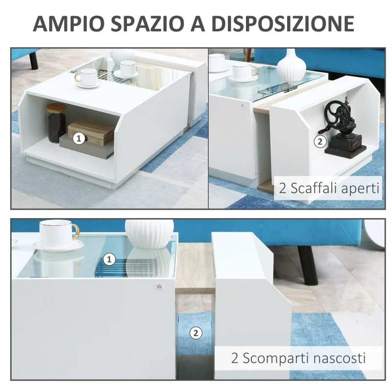 HOMCOM Tavolino da Salotto Moderno con Ripiani e Scomparti Nascosti in Legno e Vetro, 100x55x36cm