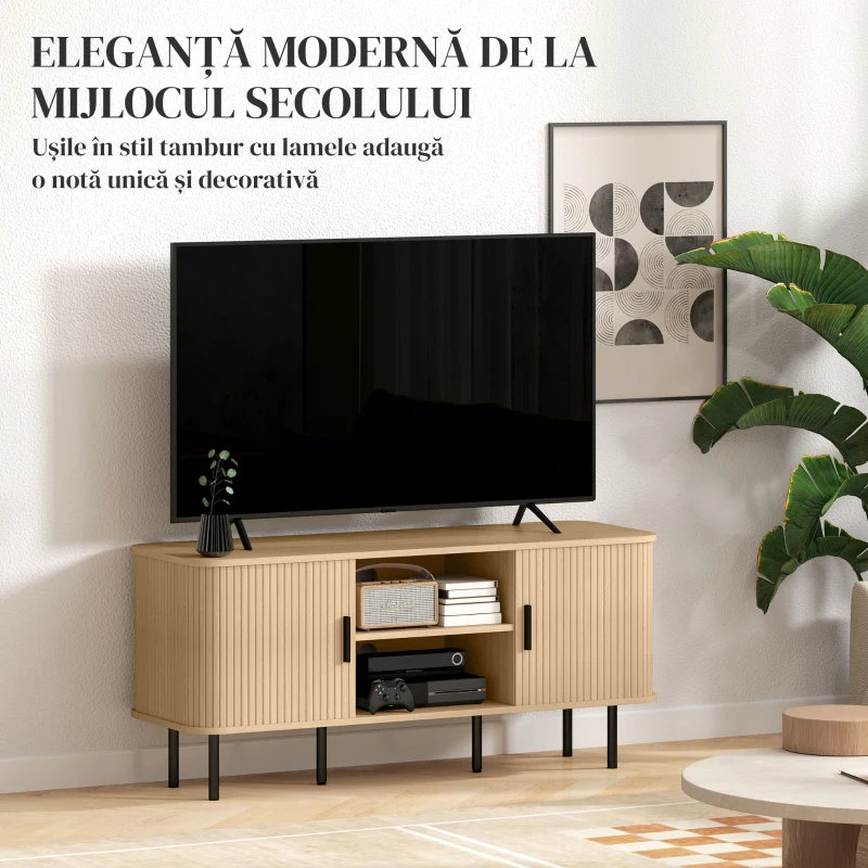 HOMCOM Dulap TV cu 2 Dulapuri, 2 Rafturi și 2 Orificii pentru Cabluri, Mobilier TV din Lemn, 120x40x55 cm, Lemn Natural