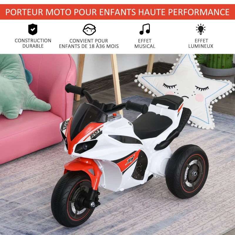 HOMCOM Porteur Enfants Moto de Course Effets musicaux et Lumineux Coffre Rangement Rouge Blanc