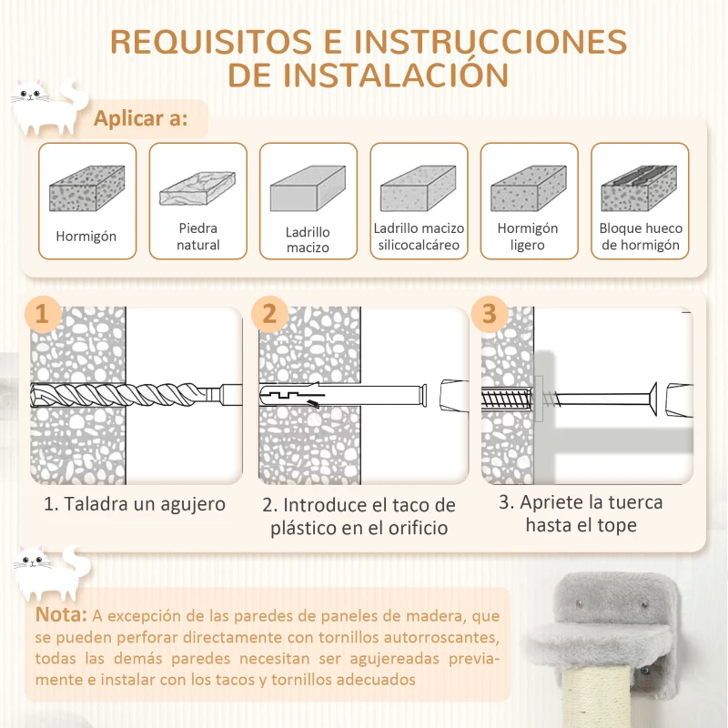 PawHut Juego de Escalada para Gatos de Pared 4 Piezas con Hamaca Bola Plataformas 84,5x19x54 cm Gris y Beige