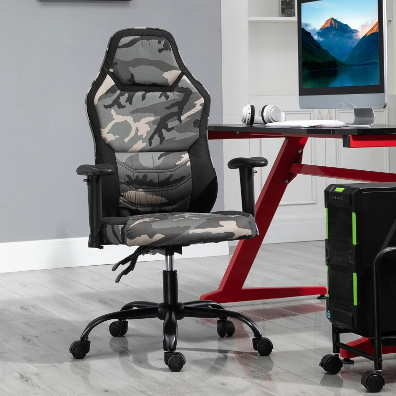 HOMCOM Fauteuil gaming militaire - chaise gamer - inclinable, hauteur réglable assise & accoudoirs, pivotant - polyester noir vert