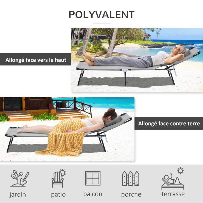 Outsunny Bain de Soleil Pliable transat inclinable 4 Positions Chaise Longue 3 Coussins fournis Gris