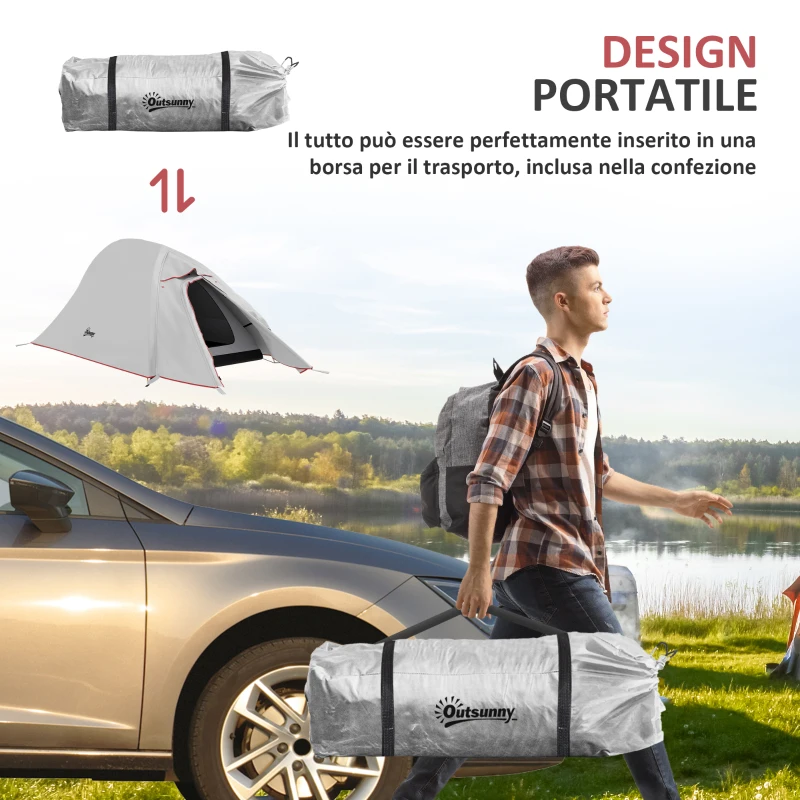 Outsunny Tenda da Campeggio con Borsa da Trasporto, in Poliestere e Alluminio, 300x135x110 cm, Grigio Chiaro