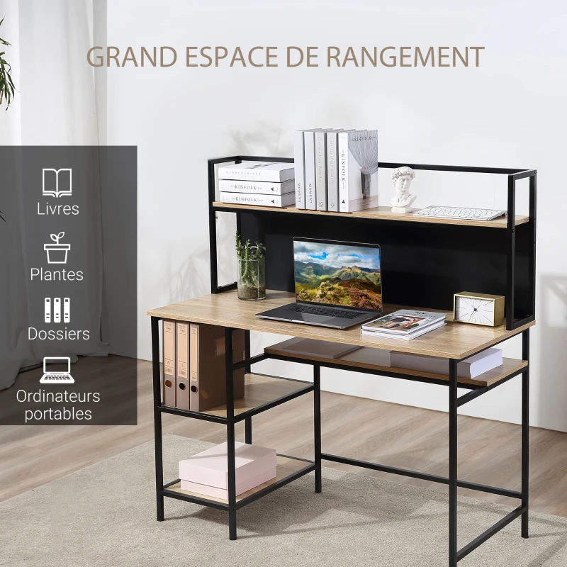 HOMCOM Bureau avec rangement bureau informatique avec 4 étagères, grand plateau et panneau noir pour salon chambre 120L x 53l x 126H cm, chêne et noir