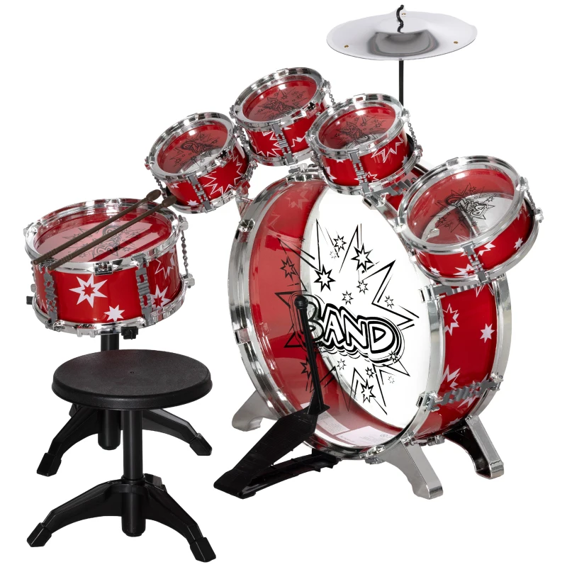 AIYAPLAY Batería para Niños de +3 Años con Tambores Bombo Platillo Pedal y Baquetas Diseño con Tema de Estrellas 65x22x57 cm Rojo