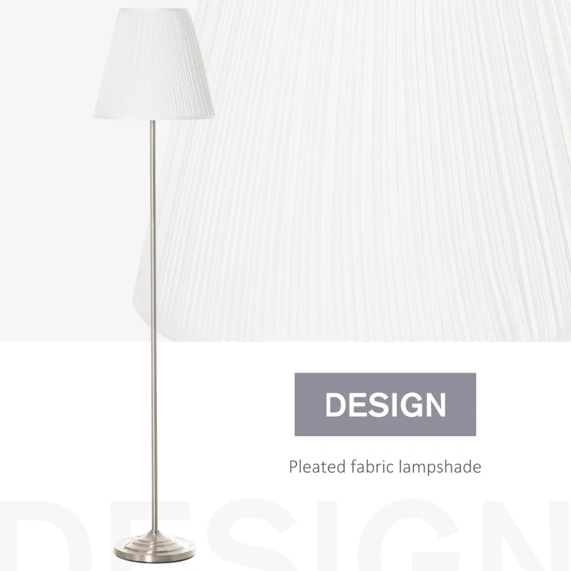 HOMCOM Modern Steel Floor Lamp with Pleated Fabric Lampshade Floor Switch, Home Style Standing Light for Living Room, Bedroom, Office, 164cm, White and Silver