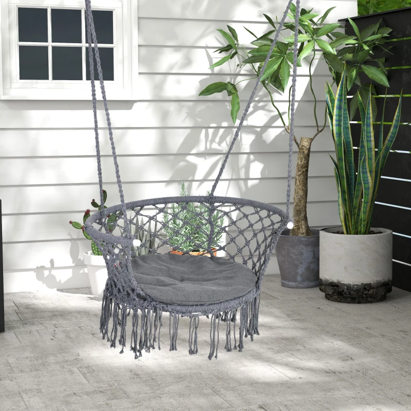 Outsunny Chaise suspendue hamac de voyage portable dim. 80L x 60l x 36H m macramé coton polyester gris