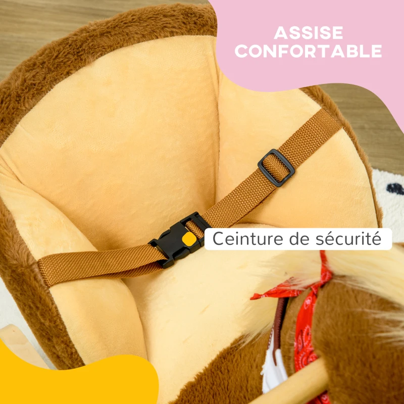HOMCOM Cheval à bascule jouet à bascule fauteuil intégré ceinture de sécurité fonction sonore hennissement 18-36 mois marron