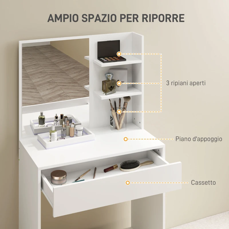 HOMCOM Tavolo da Trucco a 3 Ripiani e Cassetti con Specchio e Sgabello, in Truciolato, 75x40x137 cm, Bianco