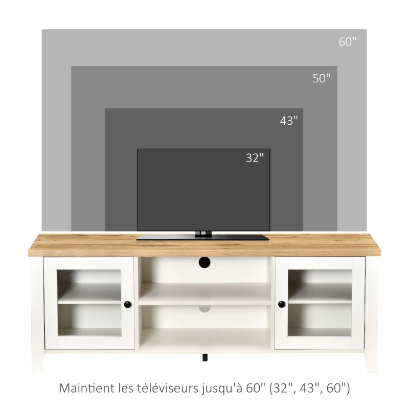 HOMCOM Meuble banc TV rangement avec 2 portes et 2 niches 140 x 39,5 x 50 cm - passe-câbles - en MDF - blanc
