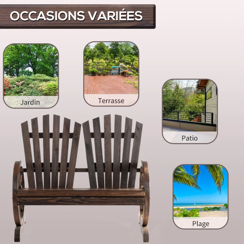 Outsunny Banc de Jardin 2 Places Adirondack Style Rustique Chic accoudoirs Roues Charette Bois Sapin traité carbonisation