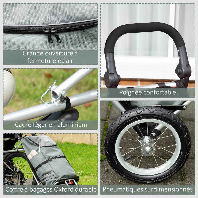 HOMCOM Chariot de courses pour vélo remorque pliable en aluminium avec sac amovible en tissu capacité 55L