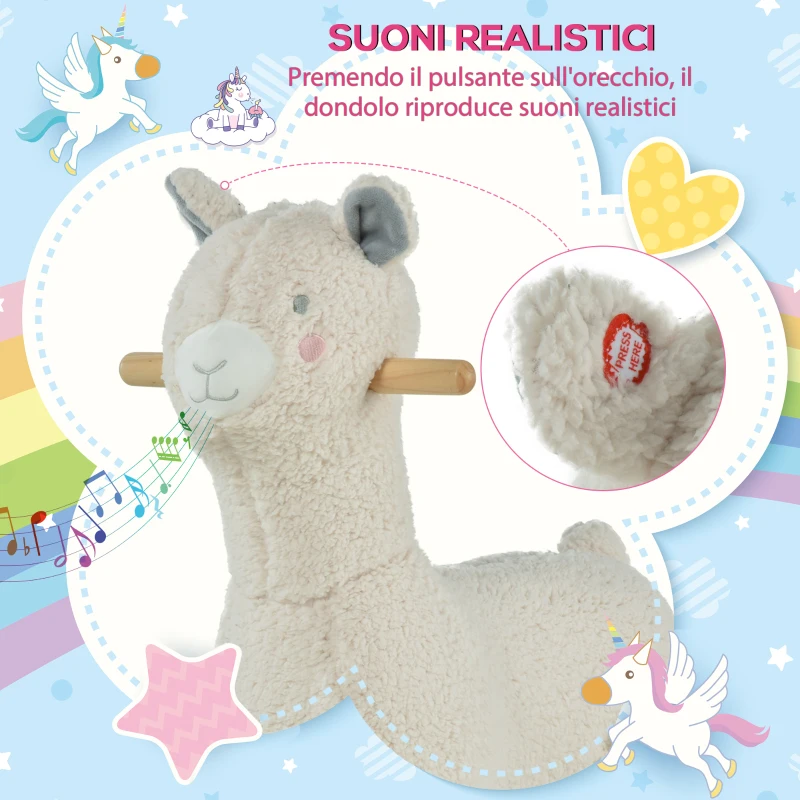 HOMCOM Cavallo a Dondolo a Forma di Alpaca, Gioco Cavalcabile per Bambini 36-72 Mesi in Peluche Bianco Crema, 58x68x29cm