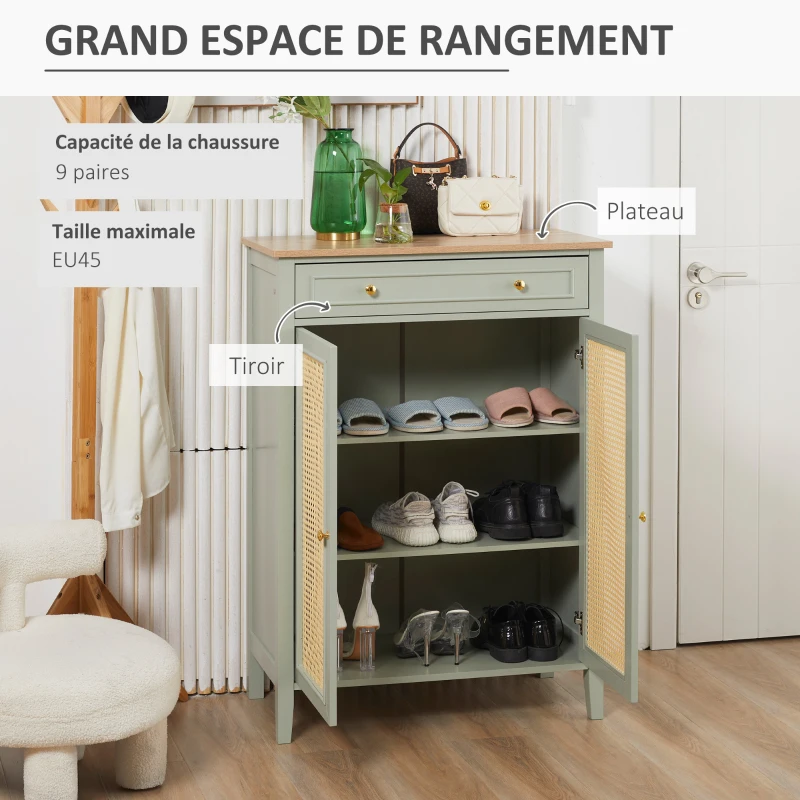 HOMCOM Meuble à chaussures meuble de rangement à chaussures meuble d'entrée avec 2 portes effet cannage tiroir 80 x 40 x 110 cm(m-4)