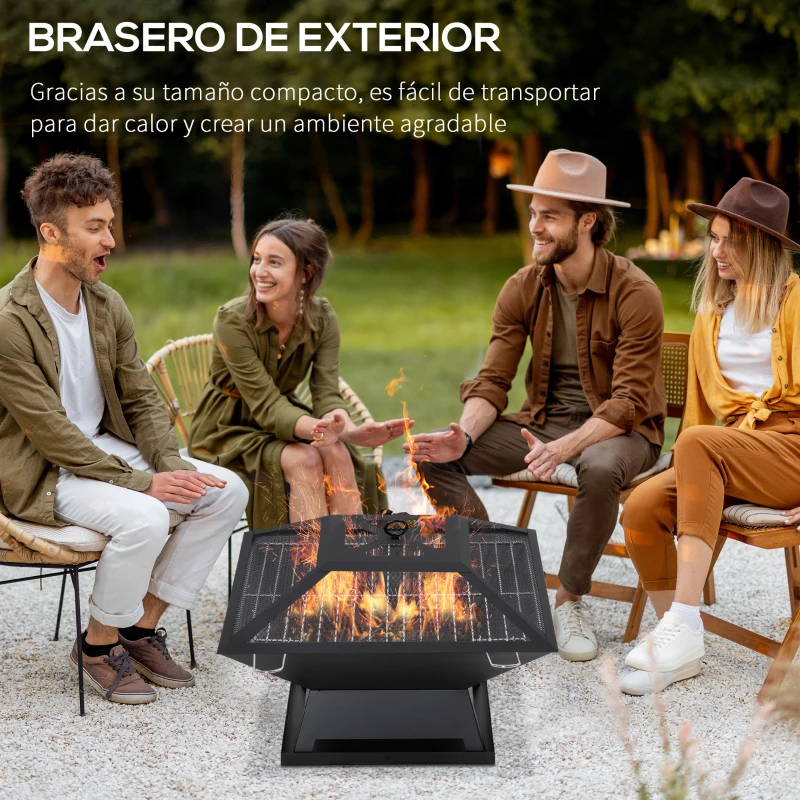 Outsunny Brasero Exterior de Acero Pozo de Fuego para Jardín Multifuncional con Protector de Chispas y Atizador 45x45x34cm Negro