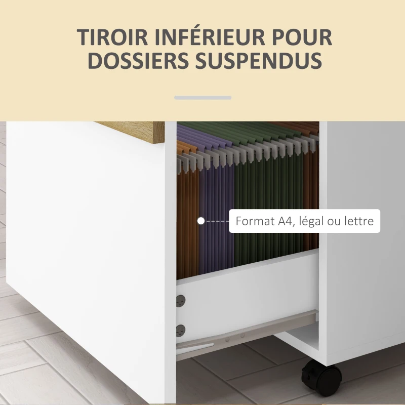 Vinsetto Caisson de bureau à roulettes avec 2 tiroirs coulissants trieur à dossiers 48 x 40 x 59,5 cm blanc