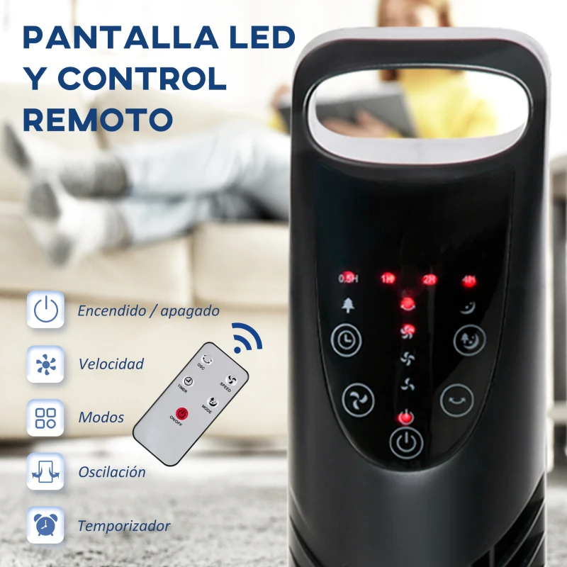 HOMCOM Ventilador de Torre con Control Remoto con 3 Velocidades y Modos de Función con Temporizador de 7,5h Ø18x78,5cm Negro