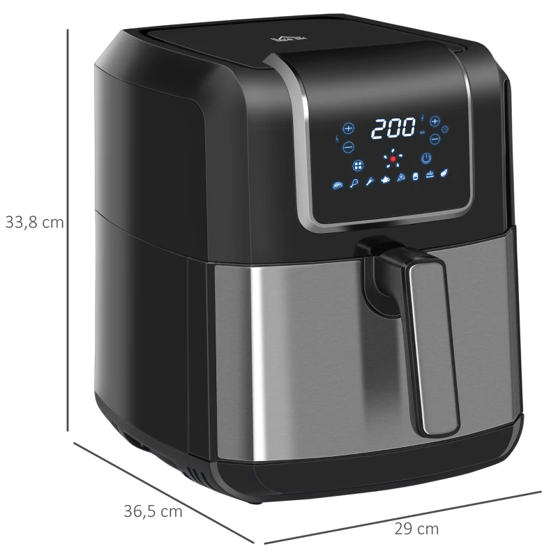 HOMCOM Freidora sin Aceite 6,5L 1700W Freidora de Aire Caliente con 8 Programas Pantalla LED Táctil Temperatura Ajustable Temporizador y Cesta Antiadherente 36,5x29x33,8 cm Negro