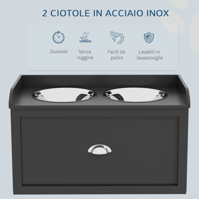 PawHut Ciotole per Cani Rialzate in Acciaio Inox e Legno con Cassetto, 60x30x36cm, Nero