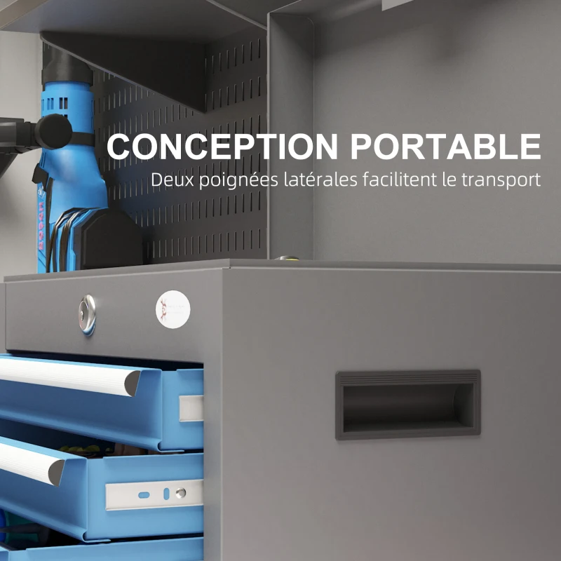 DURHAND Caisse boite à outils en métal avec 4 tiroirs et 1 plateau supérieur, verrouillable avec 2 clés fournies, 2 poignées