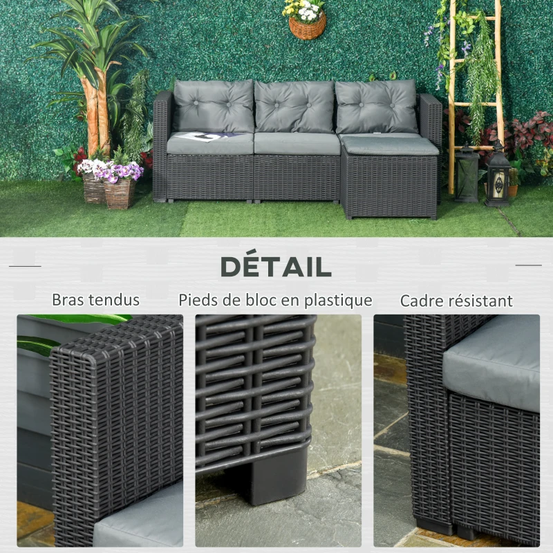 Outsunny Ensemble salon de jardin 2 pièces canapé 3 places + pouf 7 coussins déhoussables inclus PP imitation rotin tressé gris