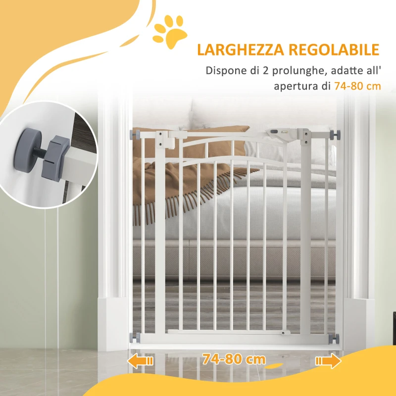 PawHut Cancelletto per Cani taglia Piccola e Media con Chiusura Automatica, in Acciaio e PA, 74-80x76 cm, Bianco