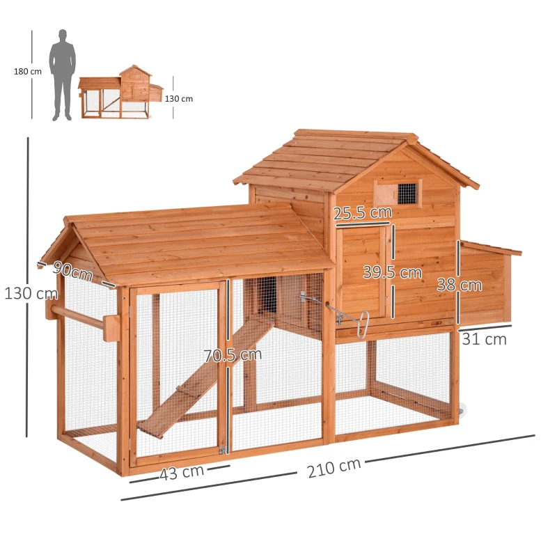 PawHut Pollaio per Galline Ovaiole, Gabbia per Galline e Polli Zincata per Esterno Grande, con Recinto e Ruote in Legno Naturale 210x90x130cm