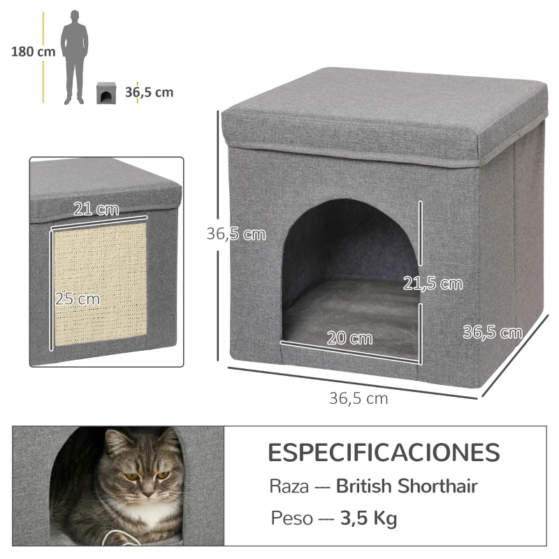 PawHut Casa para Gatos con Tablero de Rascar y Puerta para Interior 36,5x36,5x36,5 cm Gris