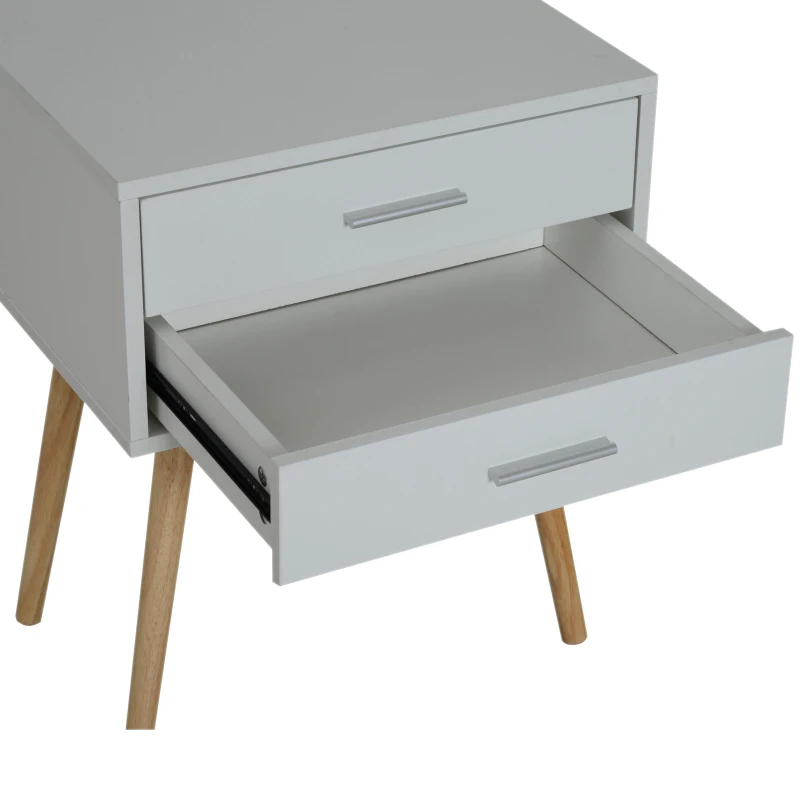 HOMCOM Table de chevet table de nuit design scandinave 48L x 40l x 60H cm 2 tiroirs pieds effilés inclinés bois massif panneaux particules blanc